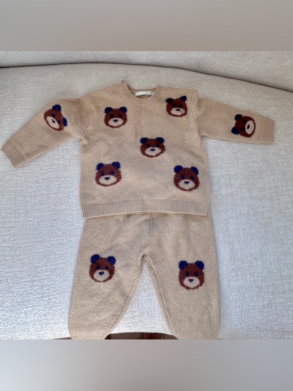 Zara Baby Teddy Bear Knit 2 Piece Set 12-18M Taupe